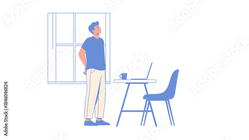 A man taking a break from working at his desk by looking out the window