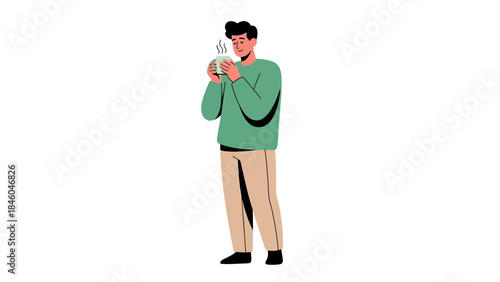 A man enjoying a hot drink illustration with steam on white background