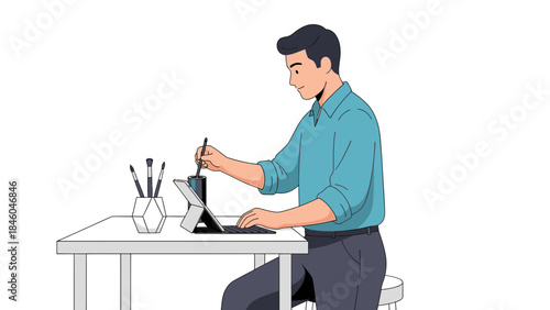 A man using a tablet with a stylus and brushes on a desk against white background