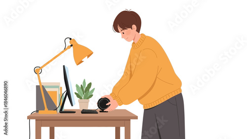 A Person Organizing Headphones On Desk In A Modern Office Workspace Illustration
