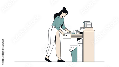 An illustration showcasing a person organizing a desk drawer in a minimalist style