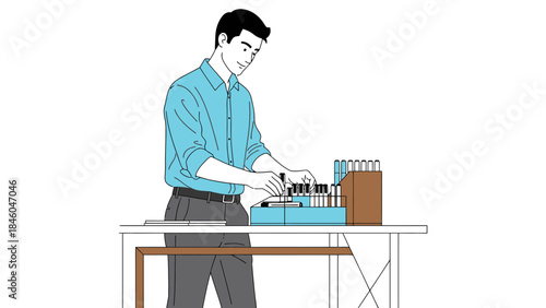 Businessman interacting with a cash register in a minimalist graphic style illustration