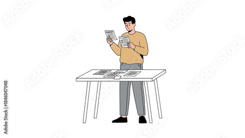 Businessman analysing documents at his workstation vector illustration graphic design