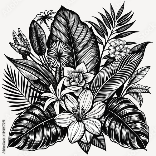 Black and white line drawing of a lush bouquet of tropical flowers and leaves illustration