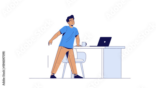 Businessman Stretching Near Desk With Laptop and Coffee Cup at Home Office Setup or Workplace