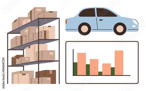 Shelves stacked with boxes, a car for delivery, and a bar chart for data analysis. Ideal for logistics, transportation, e-commerce, inventory, delivery growth trends business analytics. Simple flat