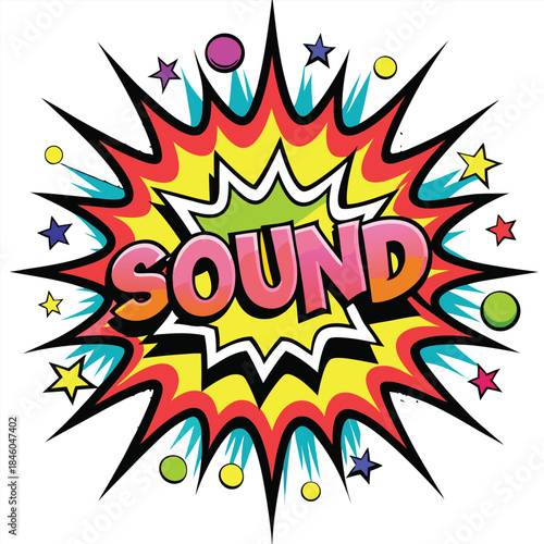 Colorful comic book sound effect with stars and circles Keywords: sound, explosion, comic, effect, boom, bang, loud, noise, audio, speech bubble