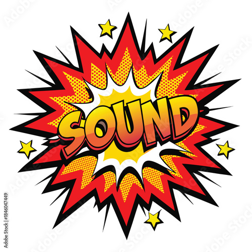 Comic book explosion sound effect with bold text and halftone dots Keywords: sound, explosion, comic, effect, boom, bang, loud, noise, audio