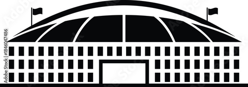 Parliament or government building silhouette illustration with dome roof and flags, black and white civic architecture icon isolated background
