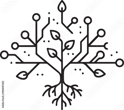 Circuit board tree with leaves and roots on black background