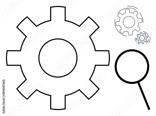 Optimization, process development, analysis, engineering, troubleshooting, operational efficiency. Black-and-white gear with magnifying glass and small secondary gear set. Optimization and process