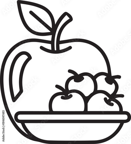Simple line art of apples in a bowl on a black background
