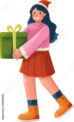 Young Happy Girl Carrying Christmas Present Illustration
