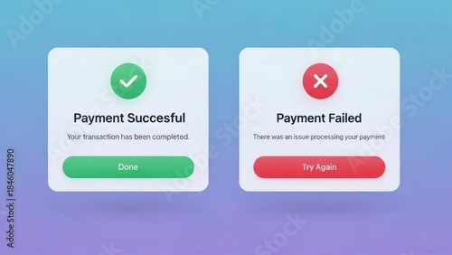 User interface showcasing successful and failed payment messages with respective action buttons