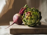 Fresh artichoke and beet on a wooden board. Rustic, healthy food photography for culinary or wellness themes.