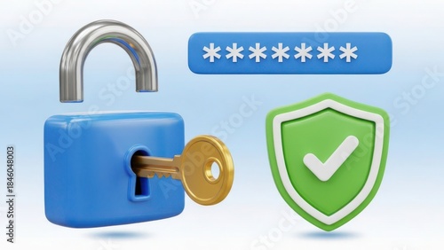Digital security concept with padlock, key, hidden password, and shield for online protection