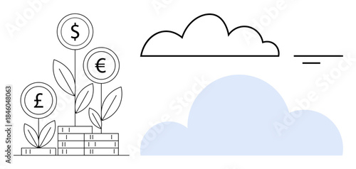 Financial concept. Currency symbols for dollars, euros, and pounds growing on plants, financial investment and growth. Cloud computing links digital technology. Suitable for fintech, banking, cloud
