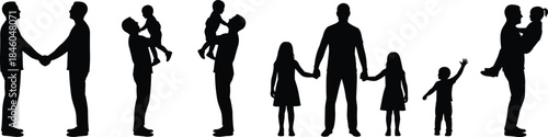 Family silhouettes collection showing parents children holding hands lifting kids isolated black vector icons for love relationship lifestyle illustration