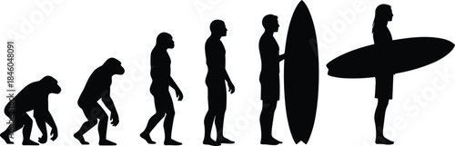 Human evolution silhouettes concept showing ape to modern surfer lifestyle progression isolated black vector illustration for sport culture design