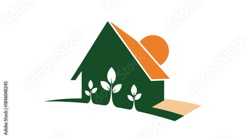 Abstract green house logo with plants and sun for eco-friendly real estate and sustainability
