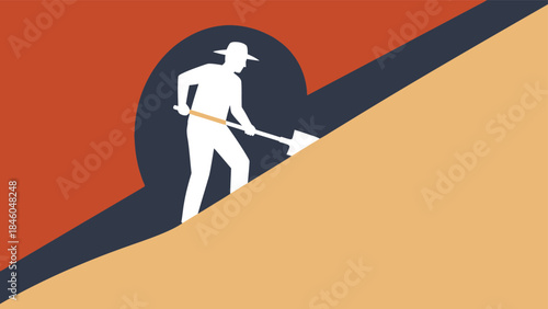 Minimalist illustration of a person in a hat holding a shovel and working on a steep incline