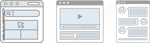Web interface design elements search results video player layout and social media chat application wireframes