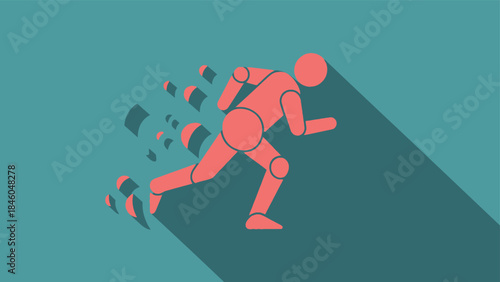Running figure icon with long shadow on a teal background in flat design style