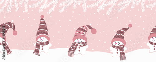 Baby Snowmen Have Fun in Winter Holidays. Seamless Border. Christmas Background. Cute Snowmen in Dark Pink Winter Hats, Scarves under Fir Tree Branches, Snow. Card Template. Vector on Light Pink