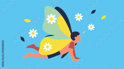 A child in a fantasy flight with large butterfly wings gliding through a bright blue sky