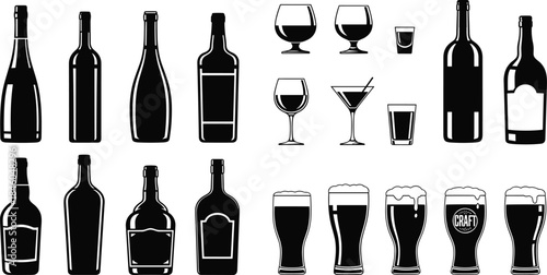 Alcohol bottles, cocktail glasses, beer mugs, liquor containers, black and white vector icons for bar, pub, menu, signage, promotion