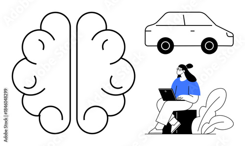 Brain imagery. Brain outline with a seated woman using a laptop and a car in clean black and white style. Brain-related for AI, education, technology, and mobility designs