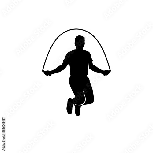 Vector silhouette of an adult man jumping rope, performing cardio exercise on transparent background