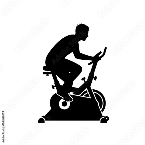Male silhouette vector on stationary exercise bike for gym workout on transparent background