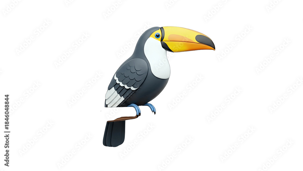 Fototapeta premium Cartoon Toucan Perched on a Branch Against White Background