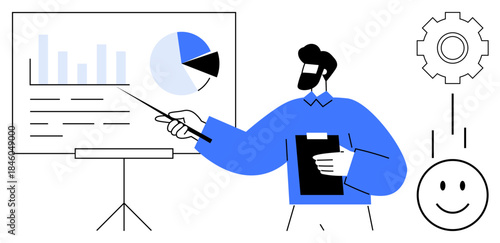 Business presentation. Business professional explaining charts and graphs for strategy development. Business tools supporting data-driven decision-making processes. For education, training