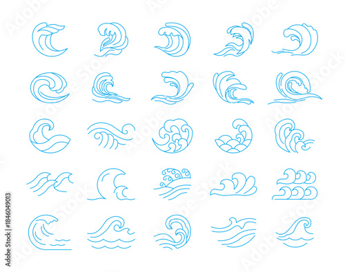 Wave icons collection. Surfing line icons set. Simple vector icon in modern thin line style. Vector illustration