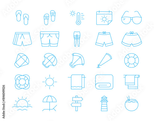 Surfing equipment icons collection. Surfing line icons set. Simple vector icon in modern thin line style. Vector illustration