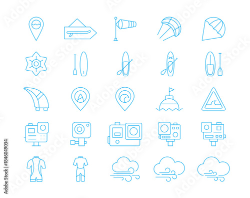 Surfing equipment icons collection. Surfing line icons set. Simple vector icon in modern thin line style. Vector illustration