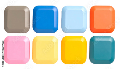 Eight colorful, rounded square shapes, evenly spaced on a black background