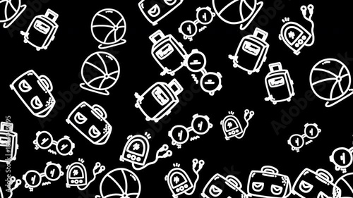 Abstract Black and White Travel Icons Seamless Loop Background.
