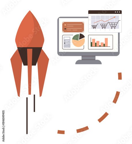 Rocket taking off near monitor displaying e-commerce data, growth charts, and analytics. Ideal for innovation, growth, e-commerce, analytics, progress startups business. A simple flat metaphor