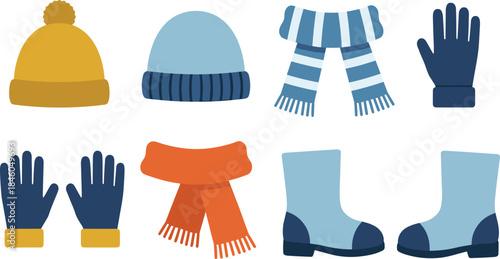 Winter clothing accessories set illustration, hats scarves gloves boots collection, cold season fashion icons, cozy apparel design