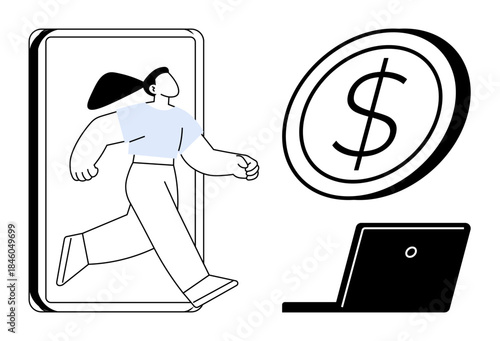 Online earnings, digital commerce, financial transactions, virtual economy, e-learning, remote work. A woman stepping out of a screen, digital coin and laptop. Online earnings and digital commerce