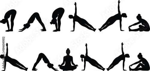 Yoga pose sequence silhouette illustration showing flexibility, balance and meditation, black and white female fitness exercise positions isolated background