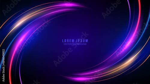 Abstract neon light swirl background. Glowing purple and gold curved lines