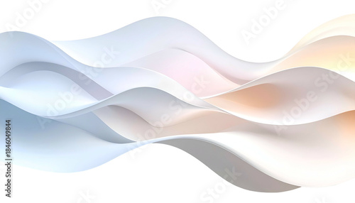 Abstract 3D rendering showing flowing, layered curves of white, blue, and orange hues