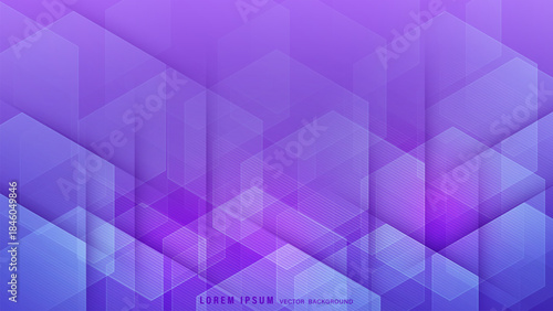 Abstract purple geometric background with overlapping translucent hexagons and isometric lines