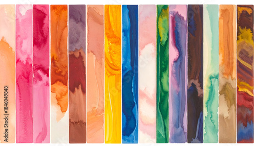Vertical swatches of watercolor paints in various shades, arranged from light to dark