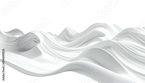 Abstract waves of white, textured surfaces flow across a black void