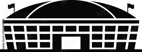 Abstract parliament or government building silhouette with dome and flags, black and white civic architecture icon isolated background illustration